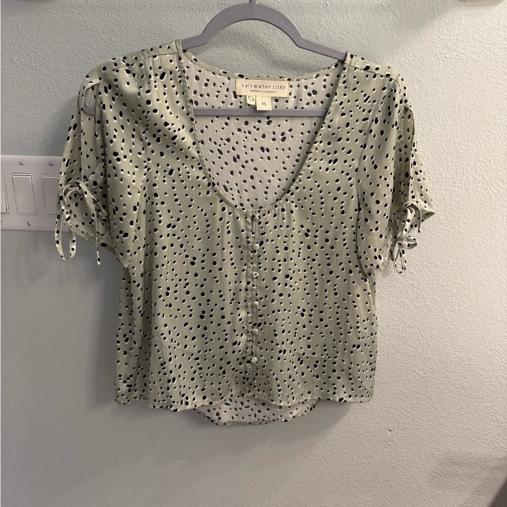 Saltwater LUXE Polka Dot Blouse in Black and light green